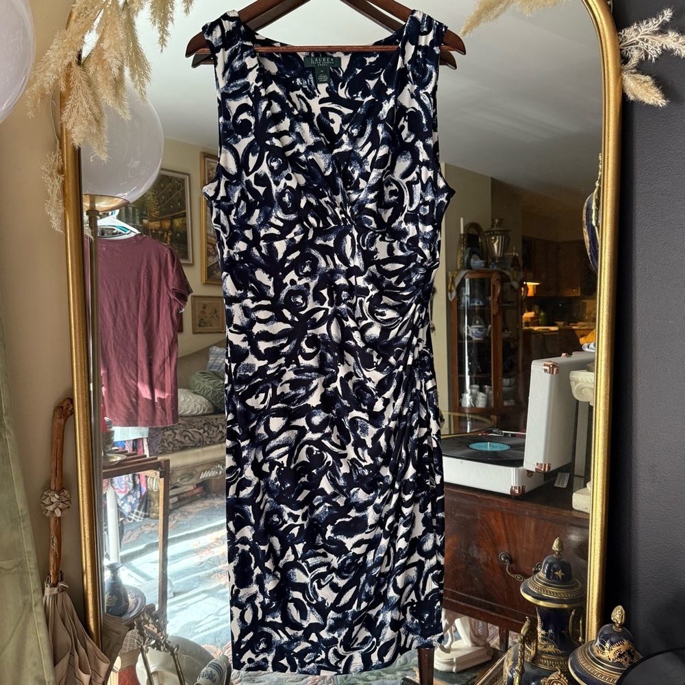 Lauren Ralph Lauren Navy and White Asymmetrical Y2K Patterned Midi Dress - Picture 1 of 7